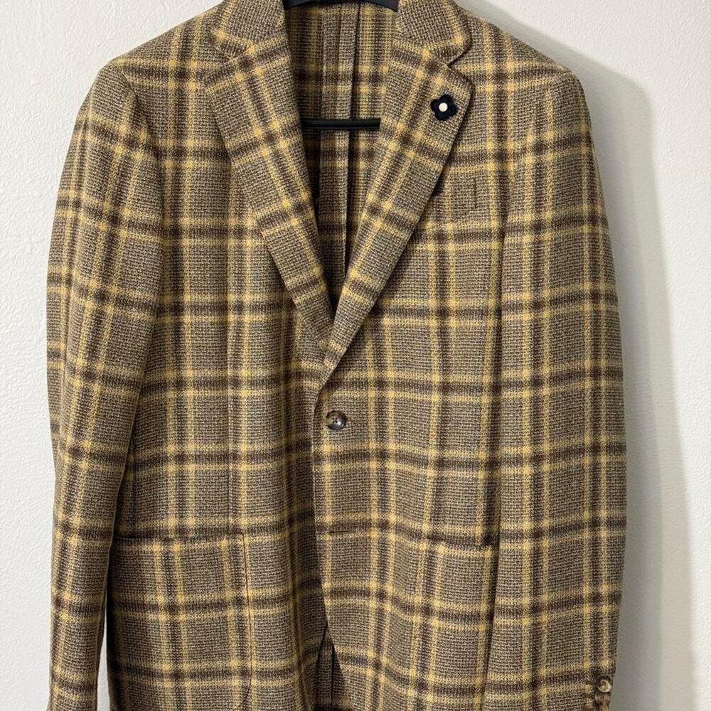 Lardini Made in Italy Wool Linen Plaid Blazer – Brown Mustard  Size 48 IT/ 38 US